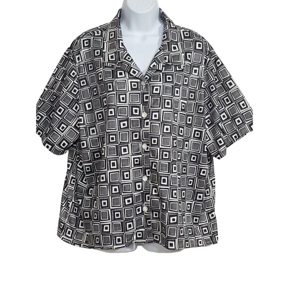Blair Womens Blouse 2XL Vintage Polyester Black White Button Up Short Sleeve Col - Picture 2 of 7